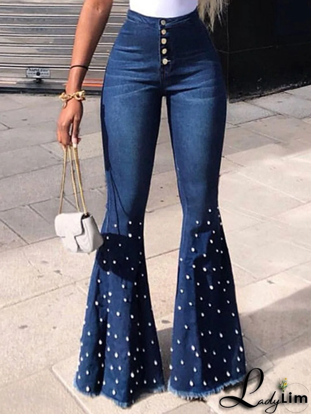 Fashion Plain Pearl Decor High Waist Flare Leg Denim Pants