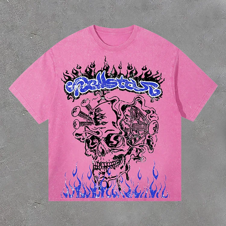 Hellstar Fun Flame Skull Print Acid Washed T-Shirt