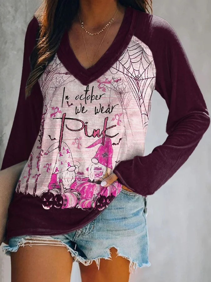 In October We Wear Pink Gnomes Pumpkin Print Long Sleeve T-Shirt