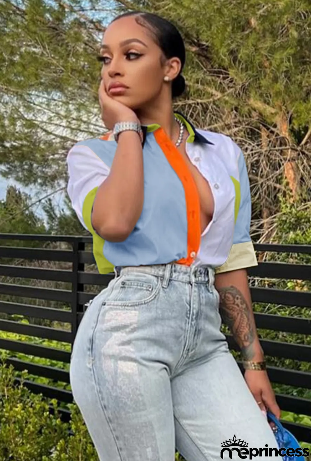 Women Autumn Blue Modest Turn-down Collar Half Sleeves Color Blocking Pockets Regular Shirt