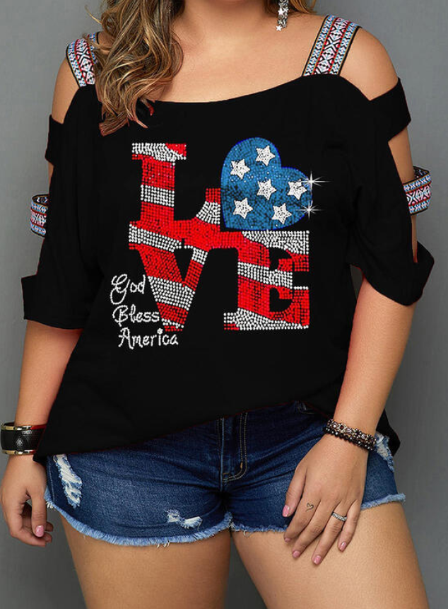 Print Cold Shoulder 3/4 Sleeves Casual Plus Size T-shirts - VSMEE