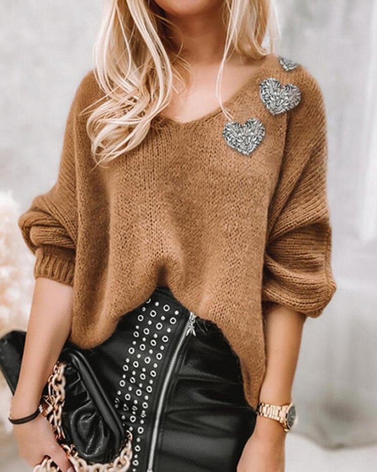 Heart Appliques V Neck Sweater - Shop Trendy Women's Clothing | LoverChic