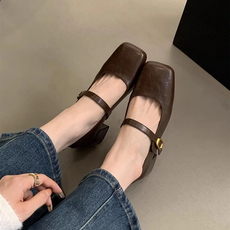Breakj Breakj Square Head Thick Heel Single Shoes Women Spring And Autumn New French Evening Fairy Soft Skin Mary Jane Small Leather Shoes