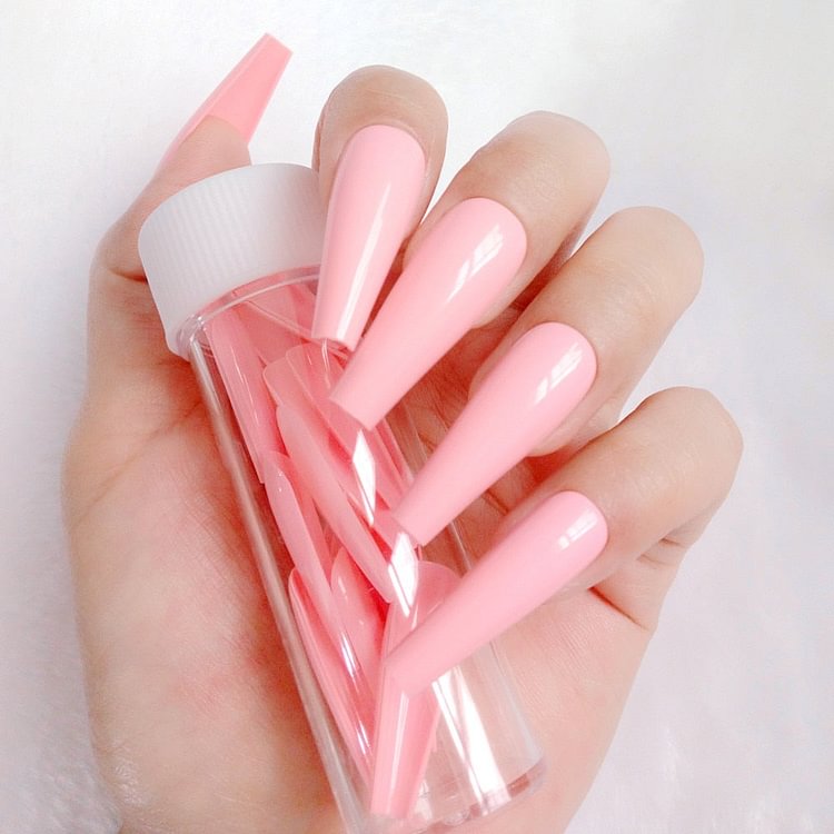 24Pcs Super Long Ballerina Coffin False Nails Glossy Light Pink Artificial Press On Nails Full Cover Fingernails Manicure Tool
