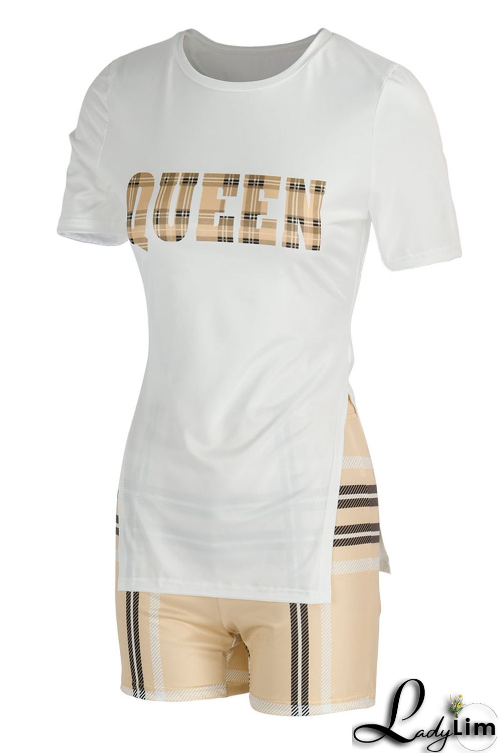 White Casual Print Patchwork Slit O Neck Short Sleeve Two Pieces