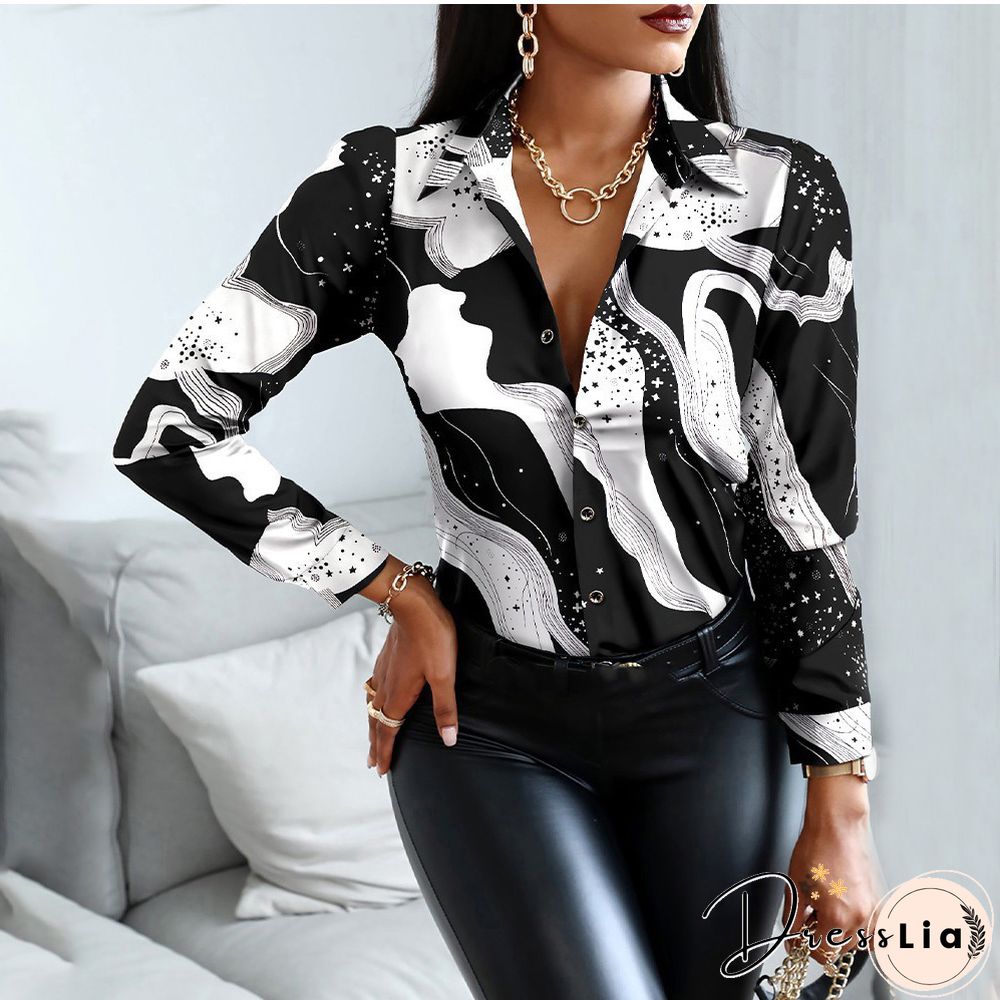 Autumn Women Black Floral Print Top Shirt Fashion Casual Long Sleeve Turn-down Collar Tops Shirts New Elegant Slim Button Shirts
