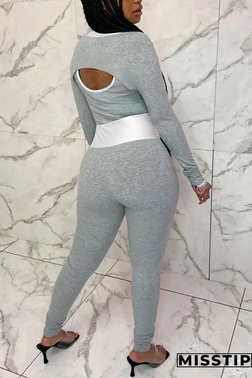 Grey Casual Striped Embroidered Patchwork O Neck Long Sleeve Two Pieces