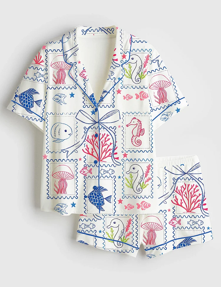 Women&rsquo;s Summer Beach Jellyfish Seahorse Coastal Aesthetic Summer Print Short Sleeve Satin Pajama Set