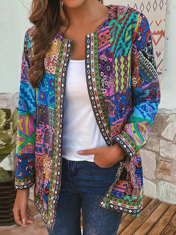 Mature Women Casual Retro Cotton And Linen Loose Cardigan Jacket