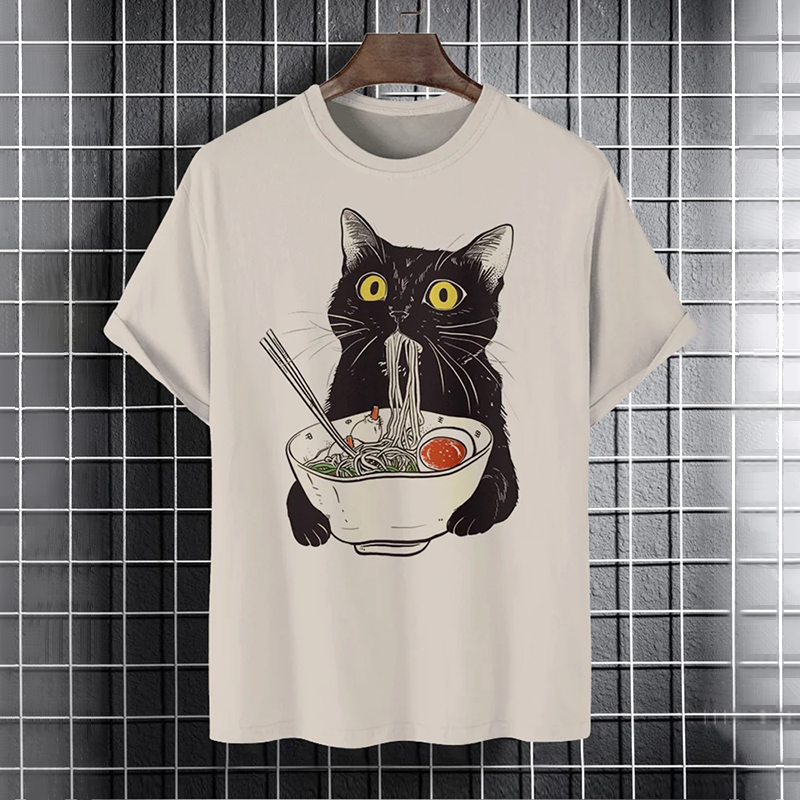 Men's Black Cat Eating Noodles  Print Casual T-shirt
