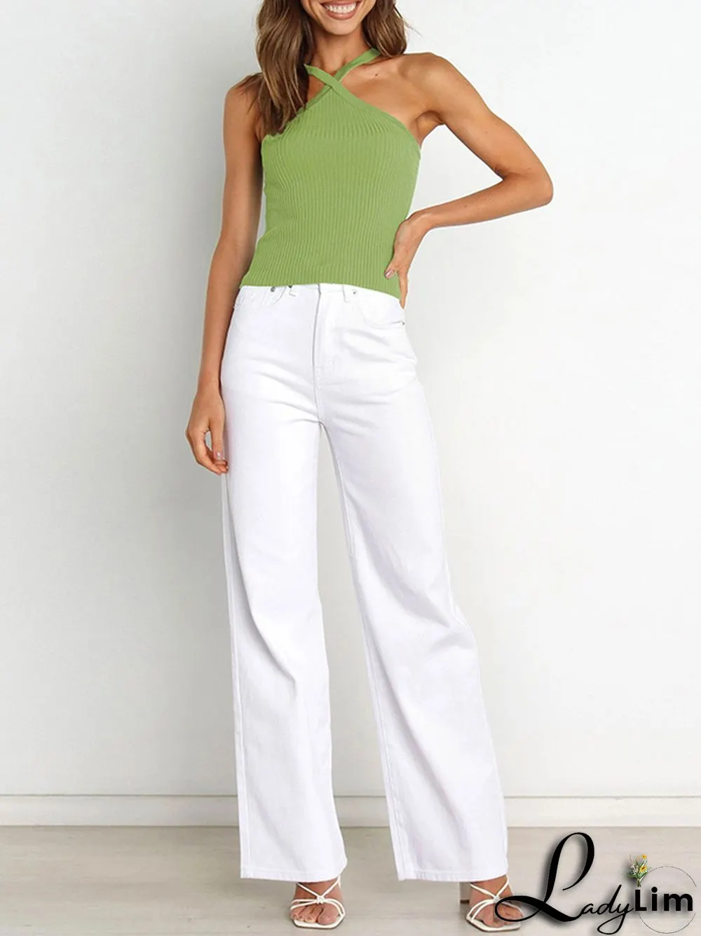 Skinny Sleeveless Solid Color Halter-Neck Vest Top