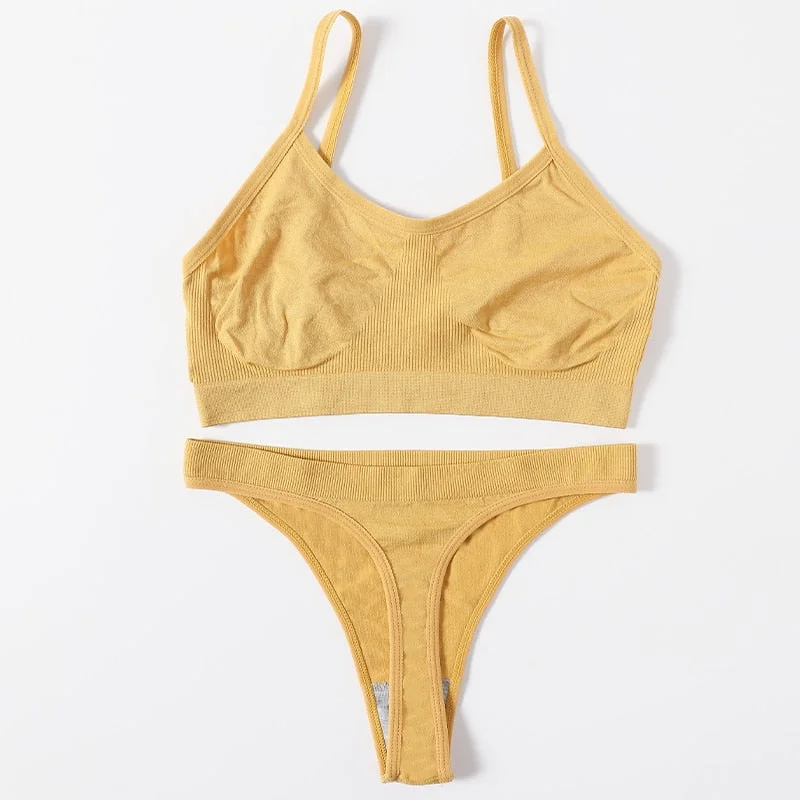 Women Seamless Bra Set Female Underwear Set Low Waist Thong Panties Comfort Bra Bralette Sexy Lingerie Brassiere Ribbed Top Suit