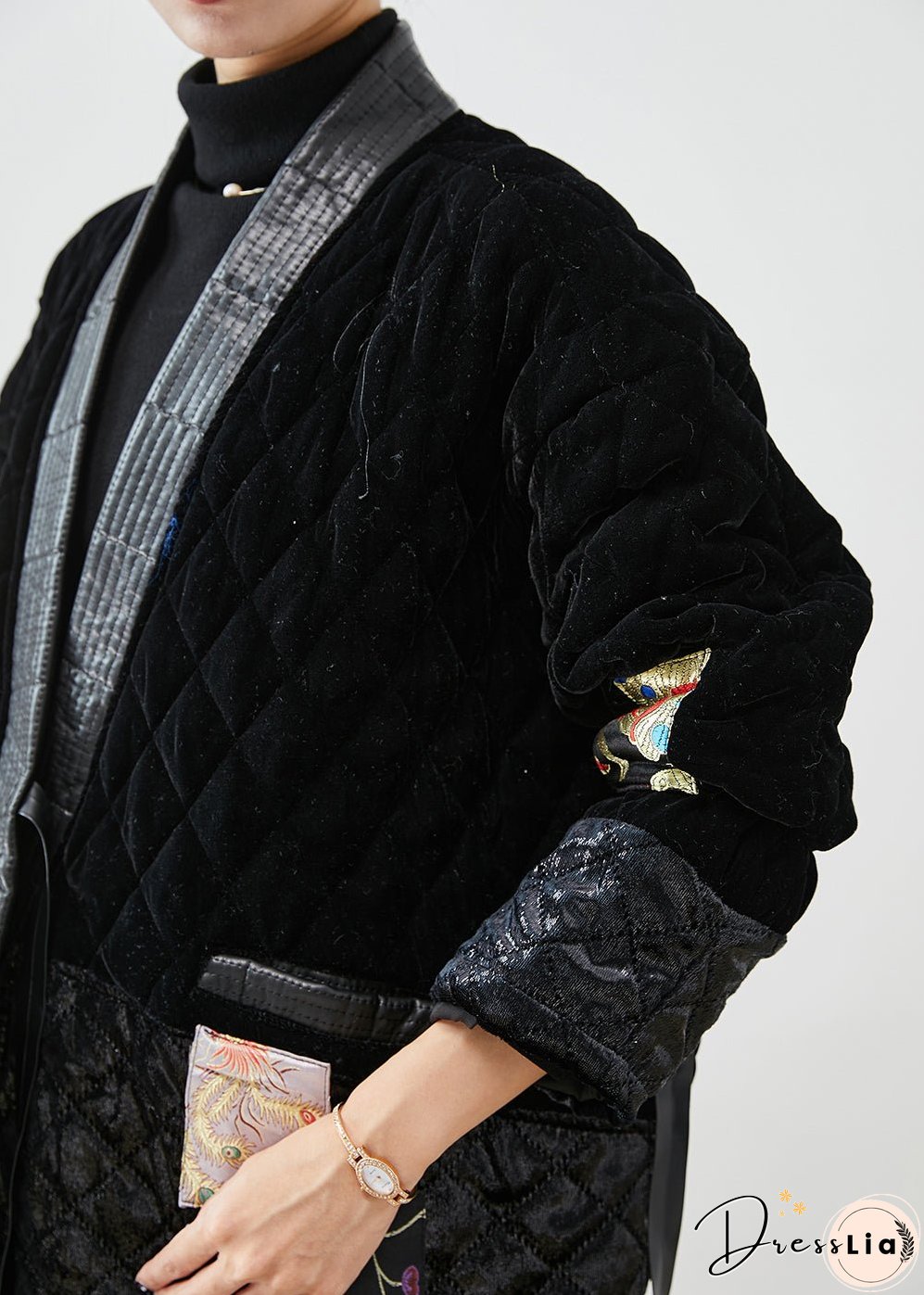 Modern Black Lace Up Patchwork Silk Velour Cotton Filled Coat Winter