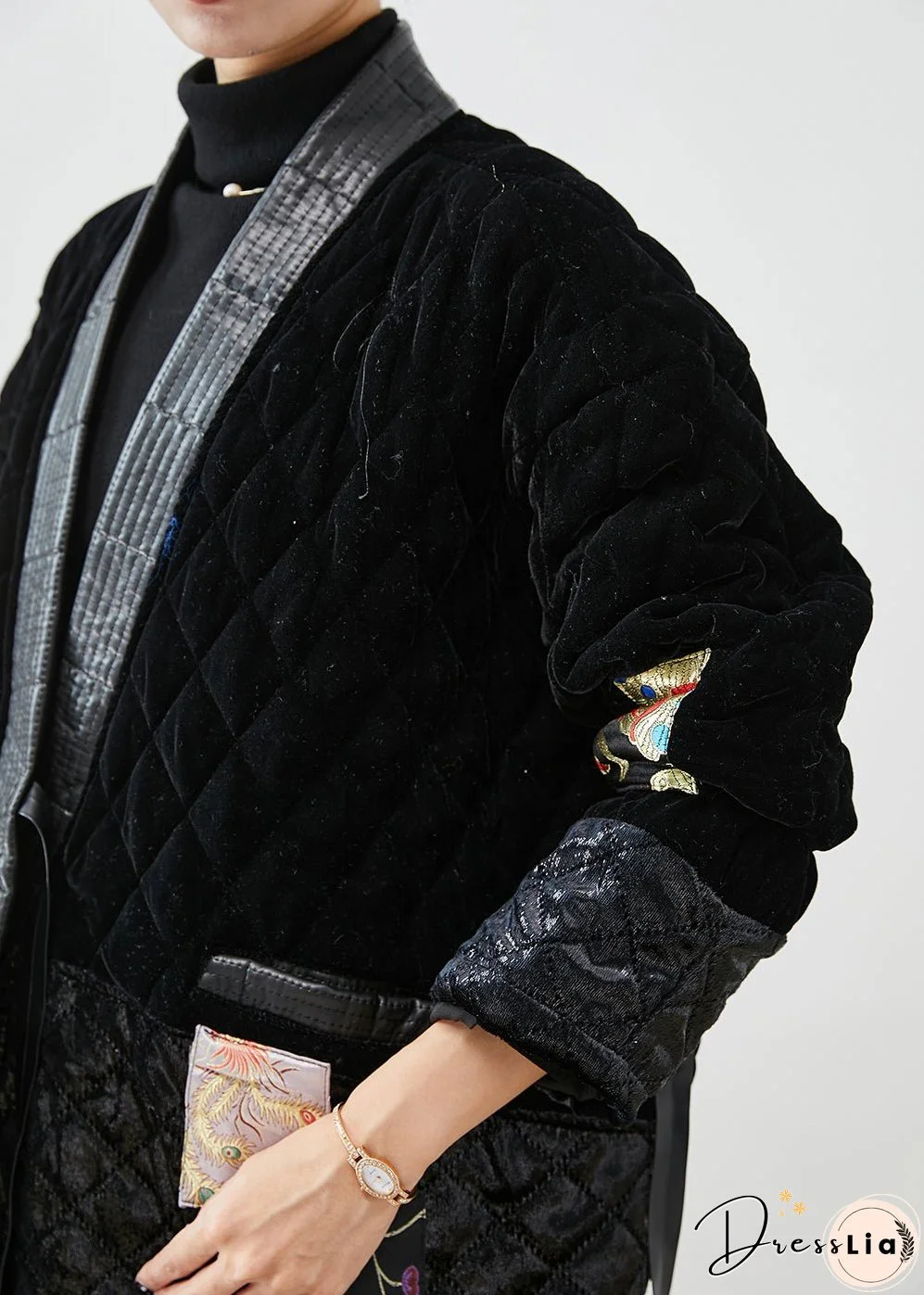 Modern Black Lace Up Patchwork Silk Velour Cotton Filled Coat Winter