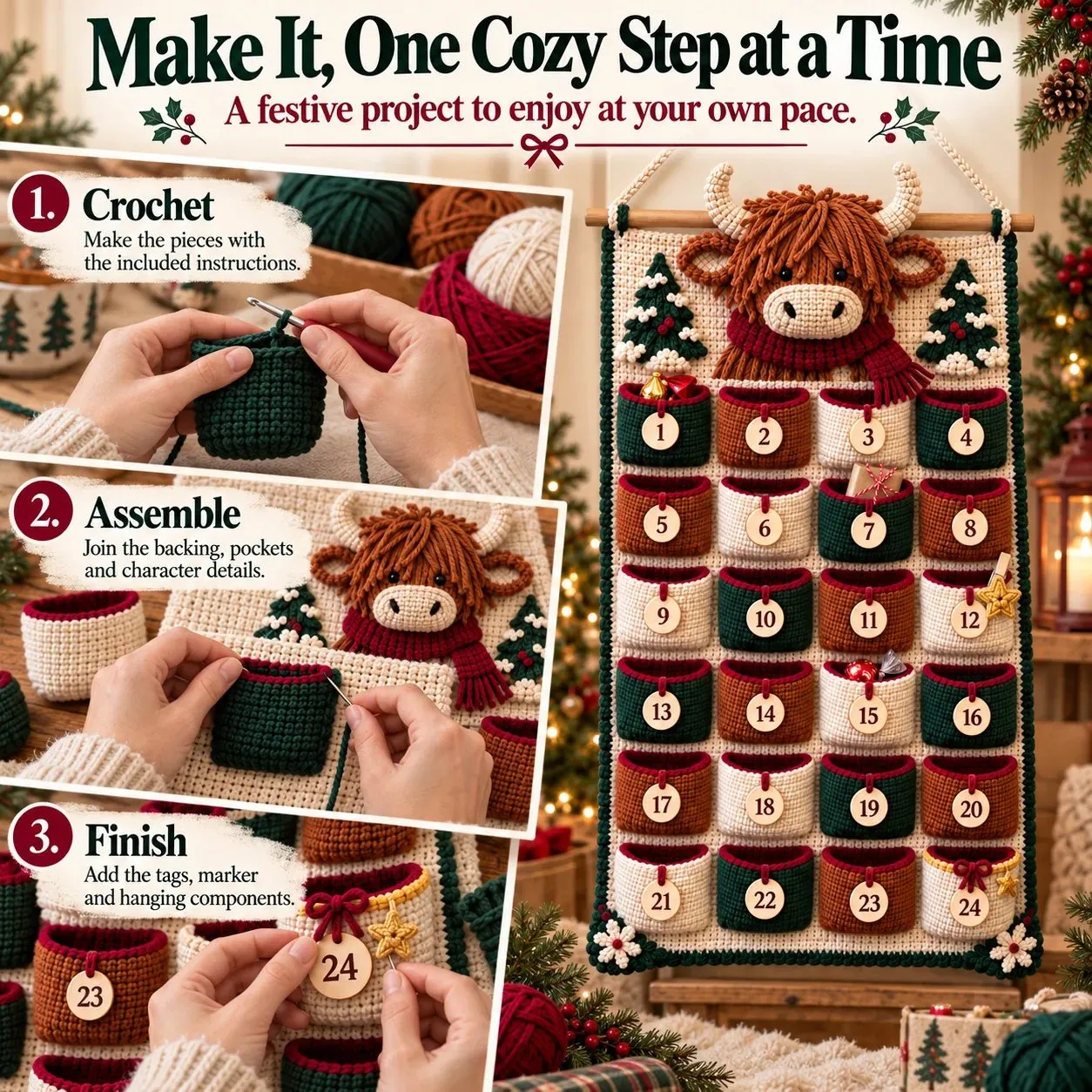 Three pictured stages: crochet, assemble pockets and add final details