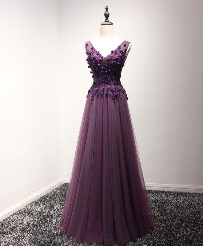 Purple Tulle Lace V Neck Long Prom Dress, Purple Evening Dresses
