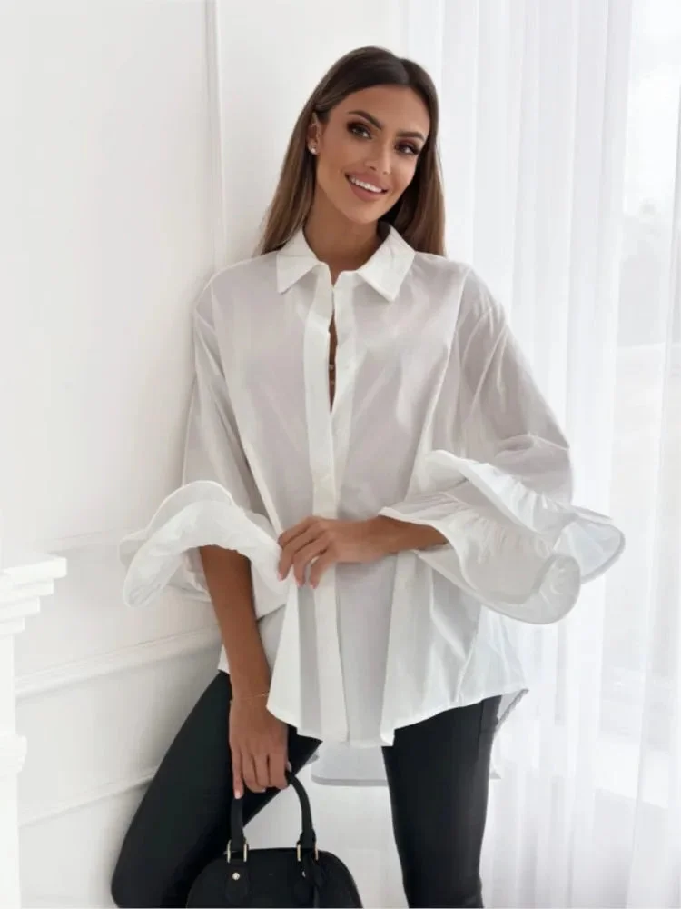 Huiketi Women's Boho White Blouses Fall Spring Casual Loose Simple Lapel Flare Sleeve Shirts Tops Fashion Black Shirts Streetwear Women