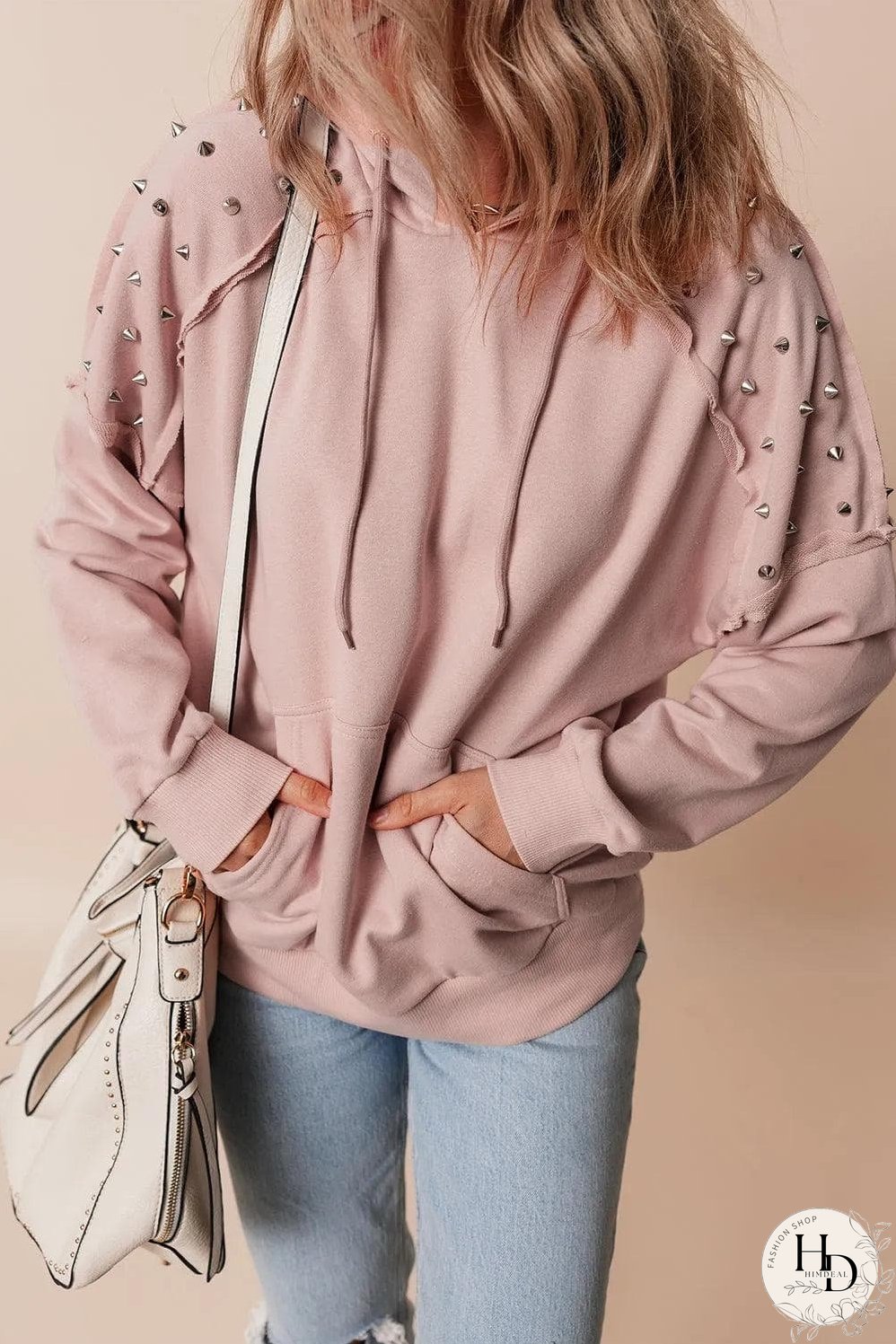 Fushia Solid Color Rivet Stud Raglan Sleeve Hoodie with Pocket