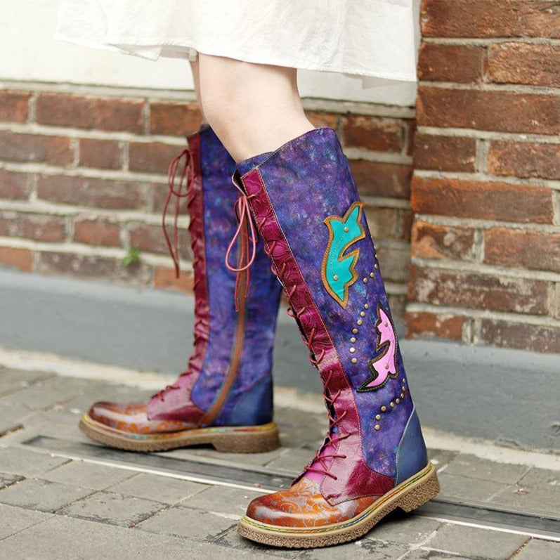 Women's vintage purple patchwork brush off leather knee high boots
