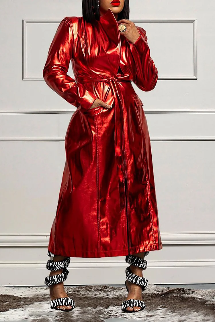 Plus Size Party Coat Elegant Red Fall Winter Turndown Collar Long Sleeve PU Leather Coat With Pocket [Pre-Order]