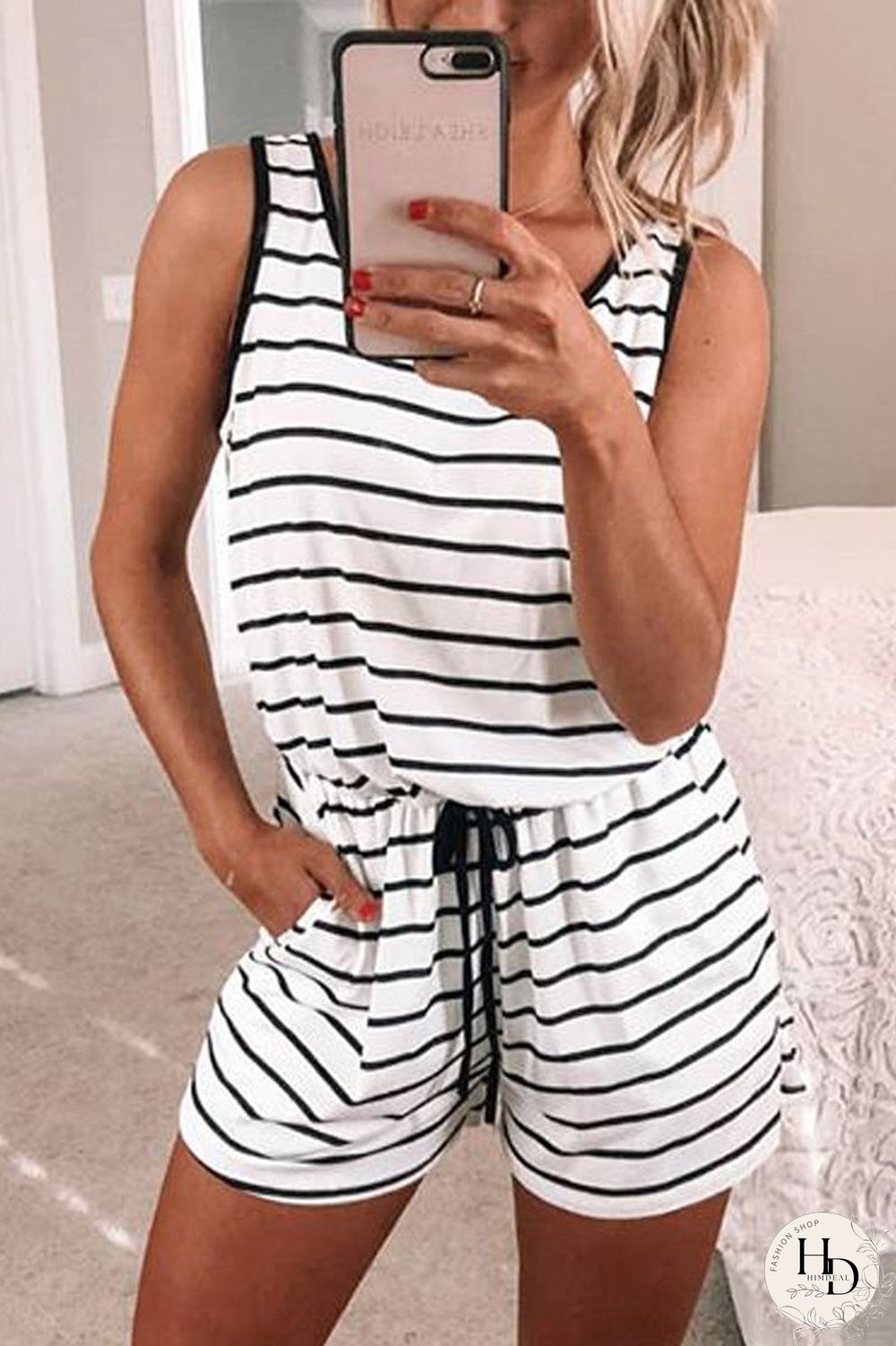 Plus Size Striped Drawstring Romper