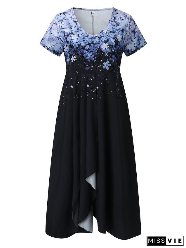 Women's Plus Size A Line Dress Floral V Neck Print Short Sleeve Spring Summer Elegant Midi Dress Daily Vacation Dress