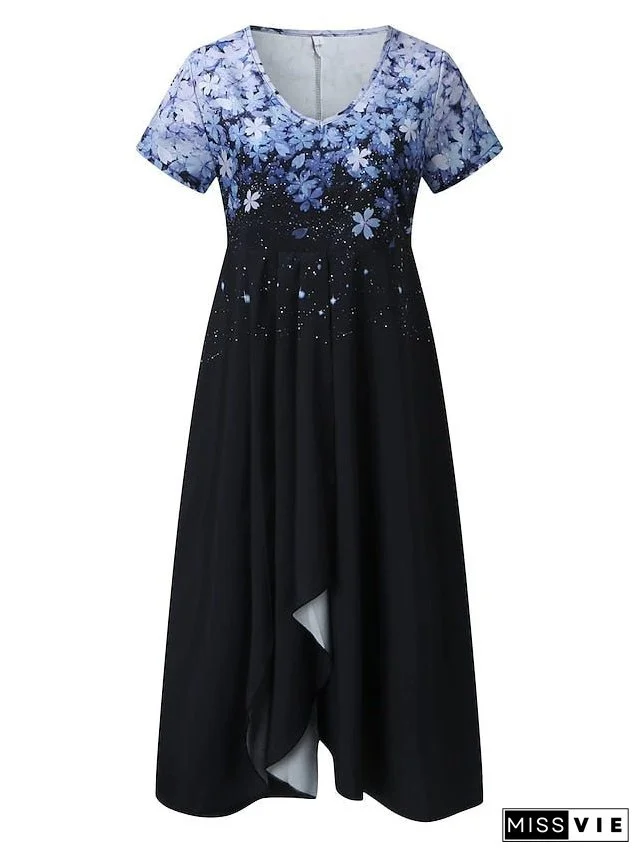 Women's Plus Size A Line Dress Floral V Neck Print Short Sleeve Spring Summer Elegant Midi Dress Daily Vacation Dress