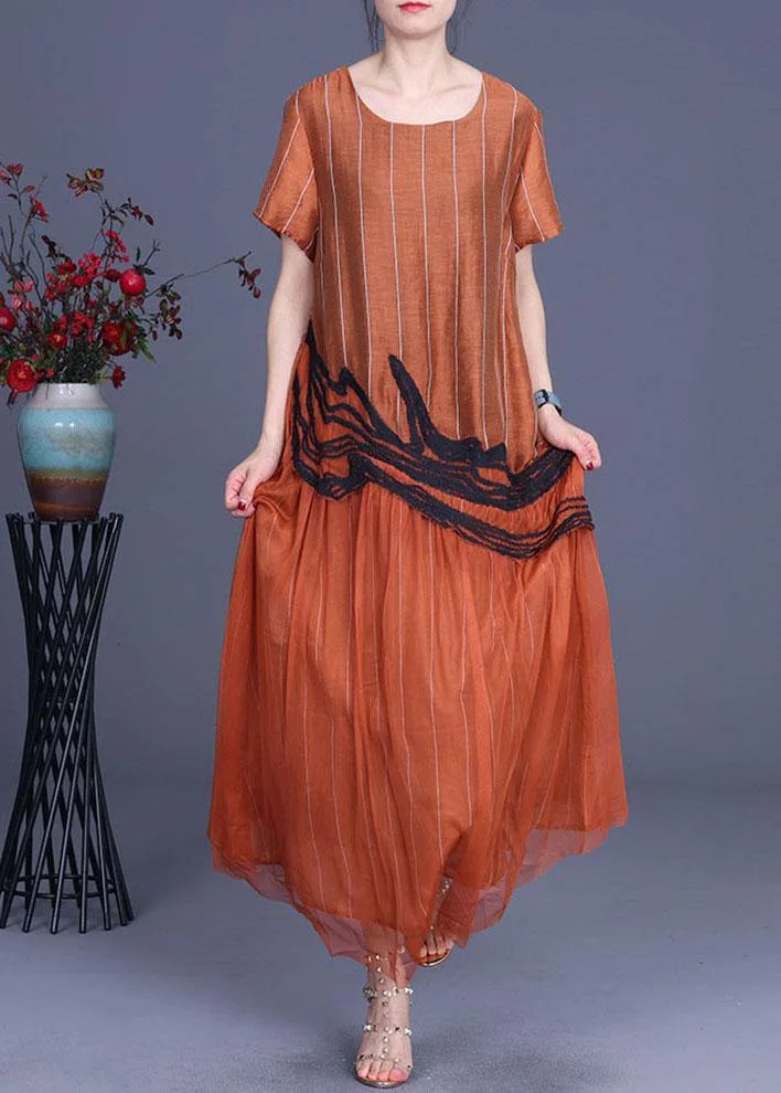 Chic Orange Embroidery Patchwork Summer Silk Dresses Short Sleeve