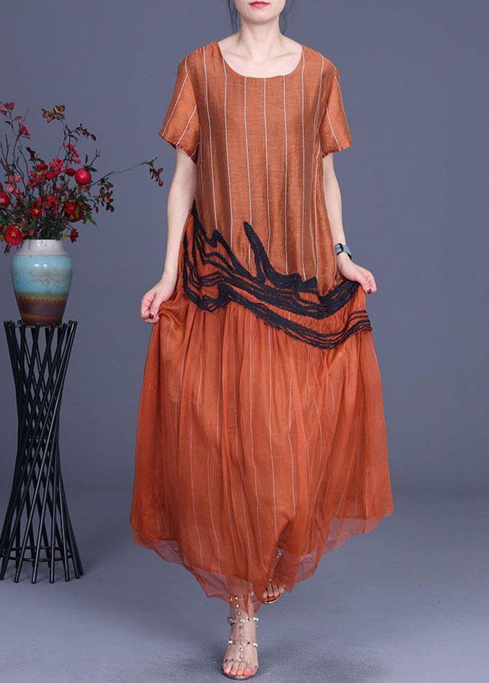 Chic Orange Embroidery Patchwork Summer Silk Dresses Short Sleeve