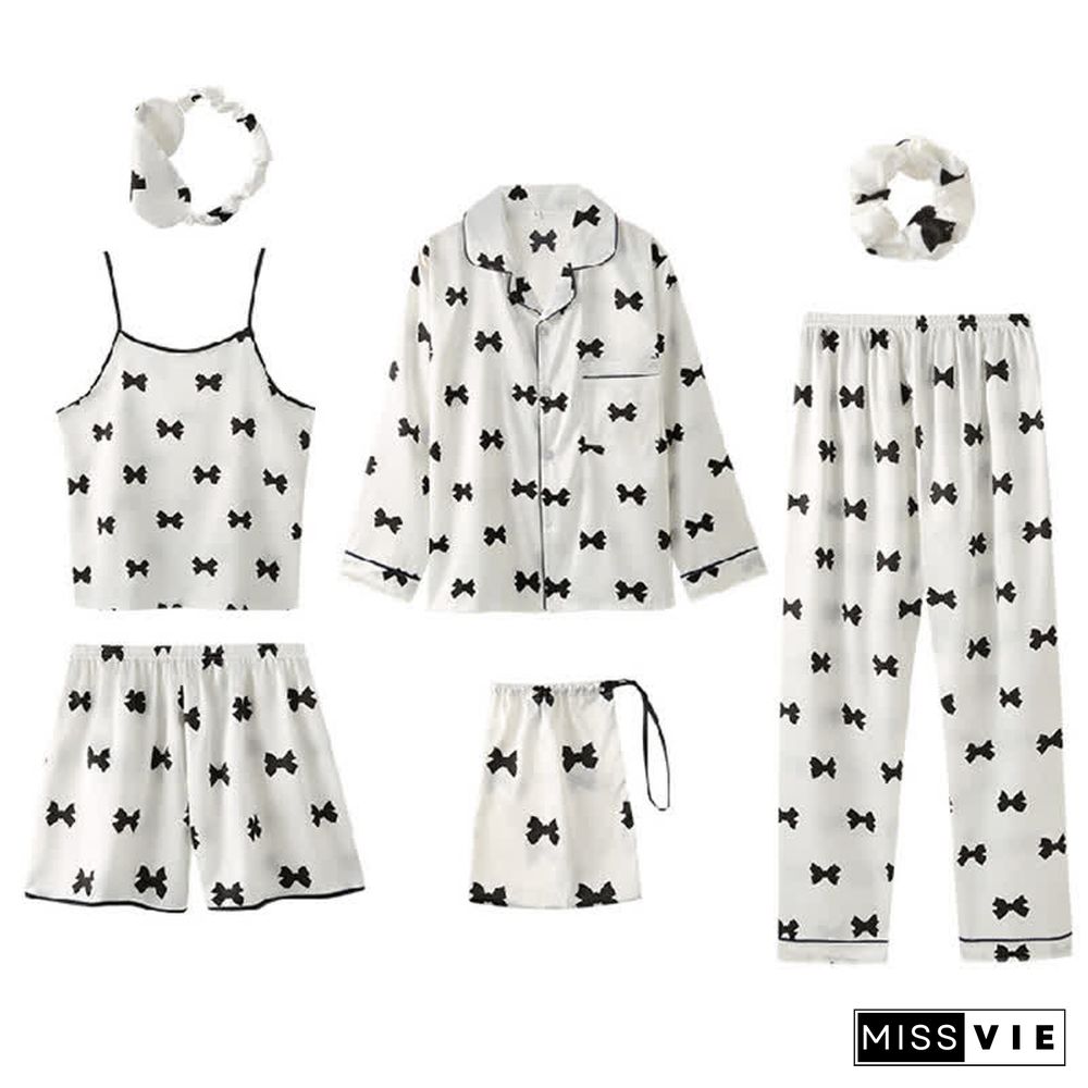 Love Heart Bow Knot Print Silk Pajamas Seven Pieces Set