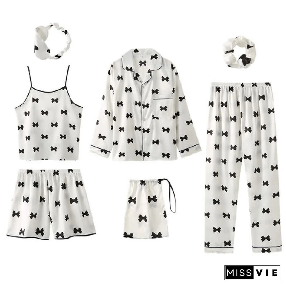 Love Heart Bow Knot Print Silk Pajamas Seven Pieces Set