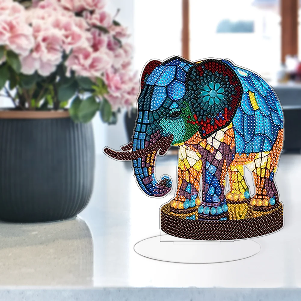 DIY Elephant Acrylic Single-Sided Diamond Painting Desktop Decoration with Light for Office Desktop Decor