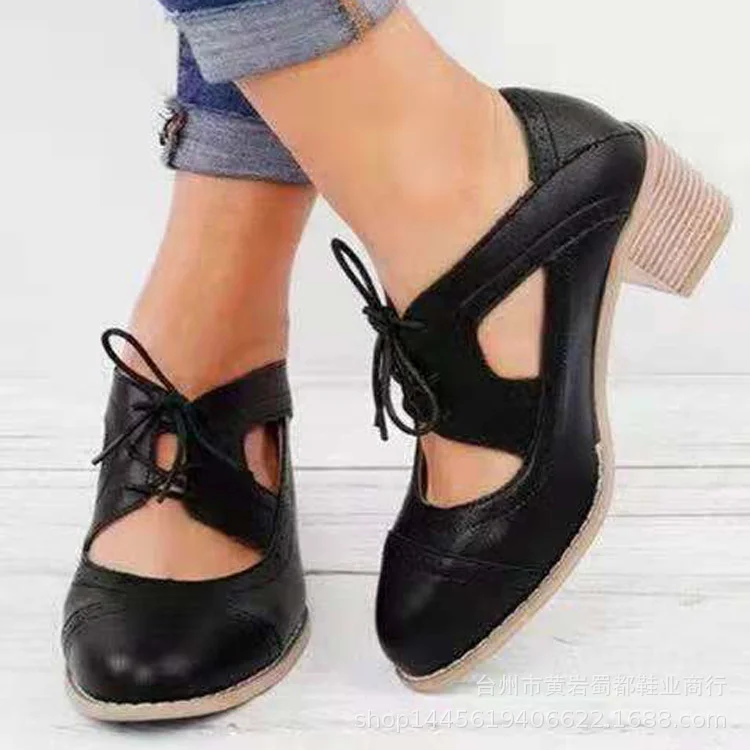 Yyvonne Spring And Summer New Thick Heel High Fashion Single Shoes 42 Large Size Lace Hollow Carved Women's Shoes