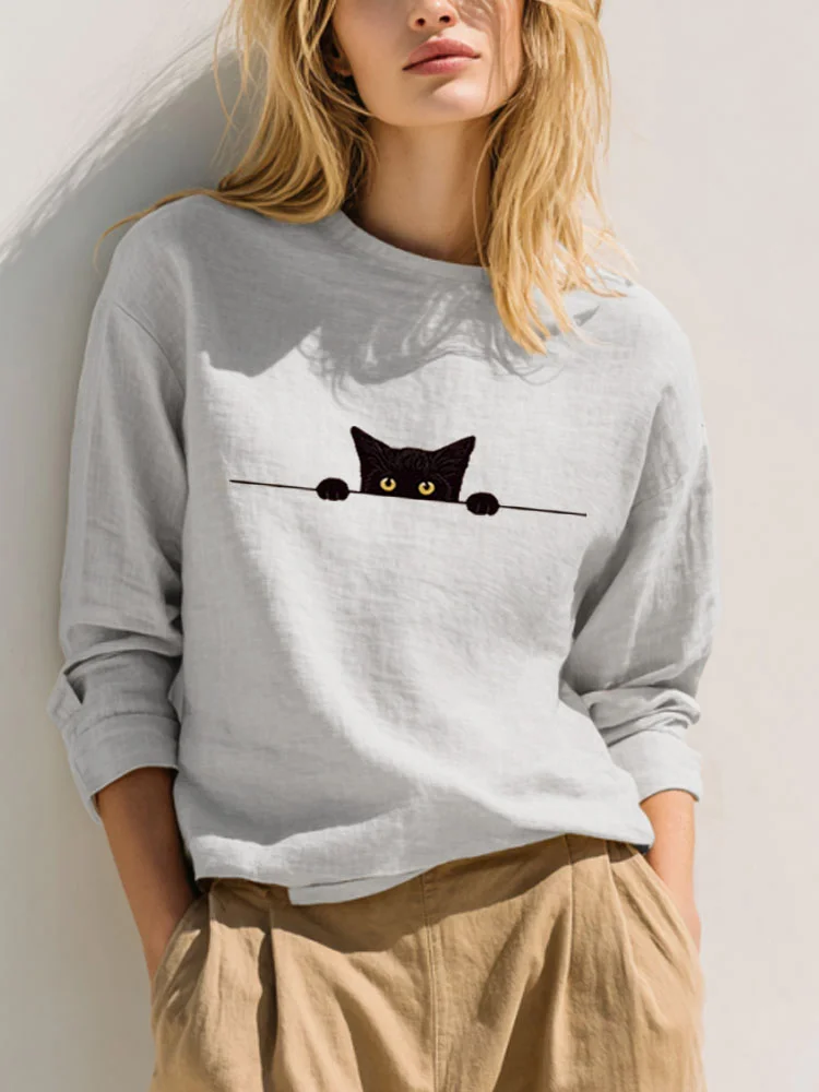 Women's Casual Funny Black Cat Print T-shirt