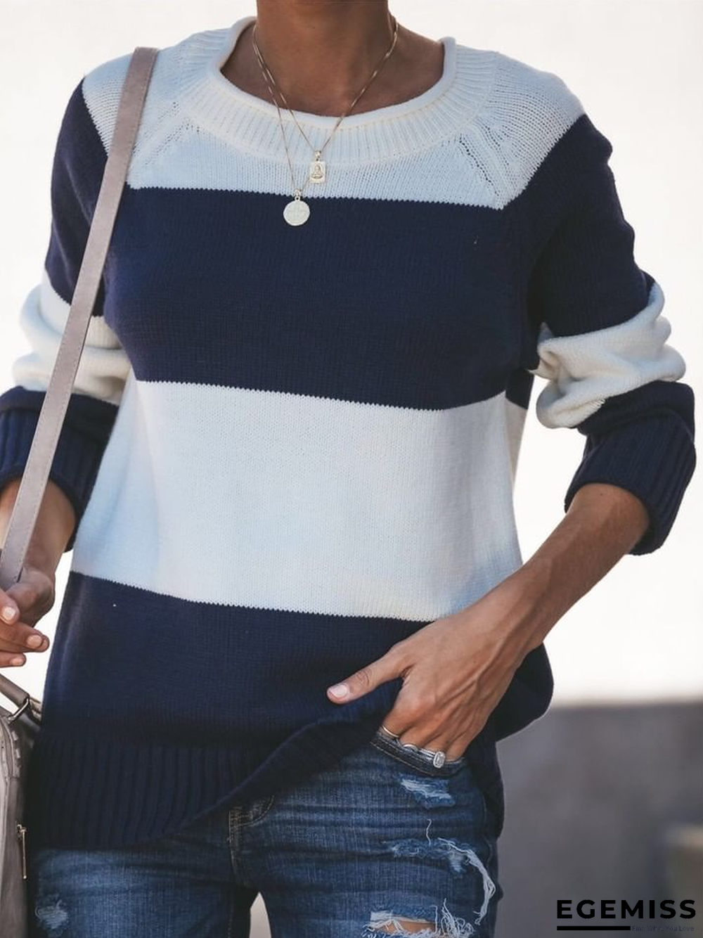 Crew Neck Casual Striped Knitted Sweater | EGEMISS