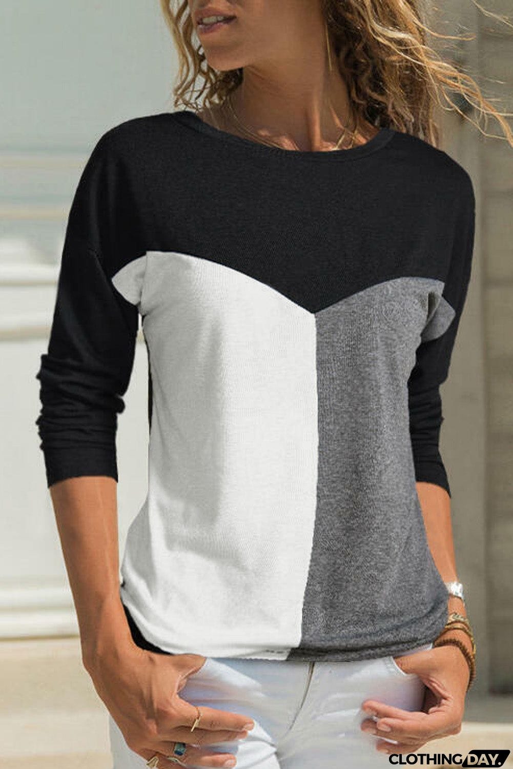 Color Block Splicing O-Neck Blouse