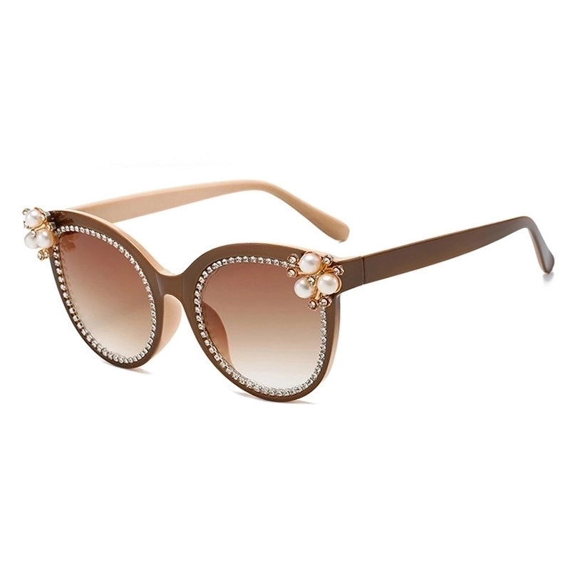Elegant Color Block Pc Cat Eye Inlaid Pearls Inlaid Zircon Full Frame Women’s Sunglasses