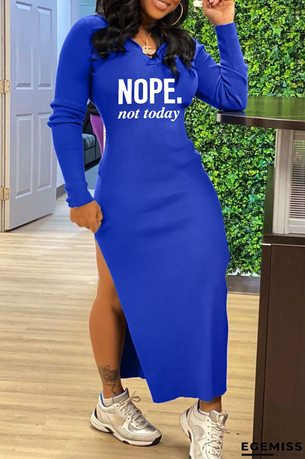 Blue Street Print Slit V Neck Pencil Skirt Dresses | EGEMISS