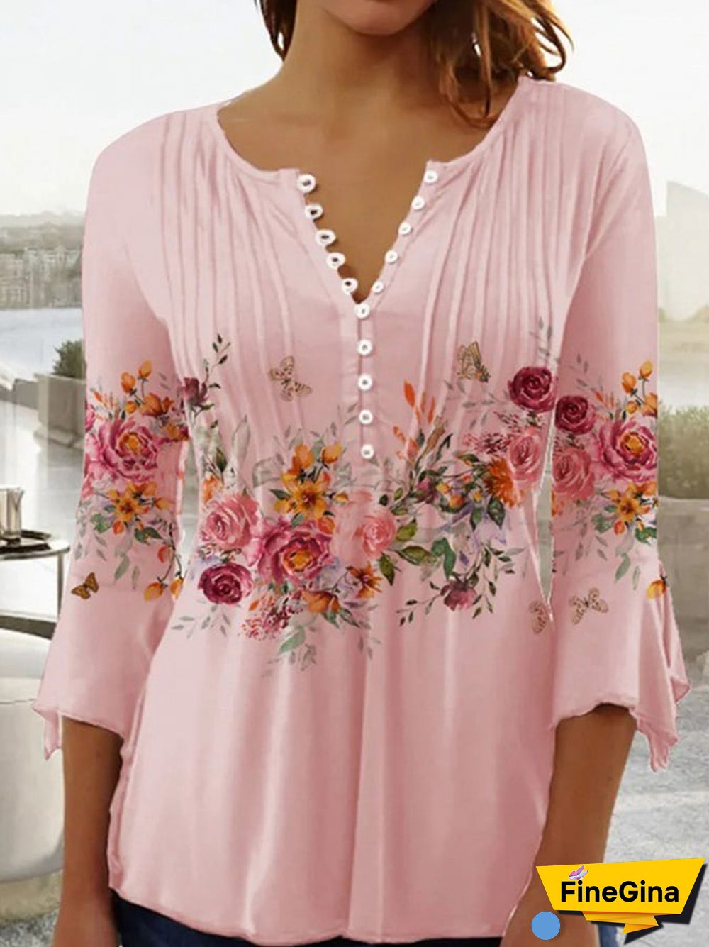 Solid Color V-neck Short-sleeved Pleated Button Casual Top