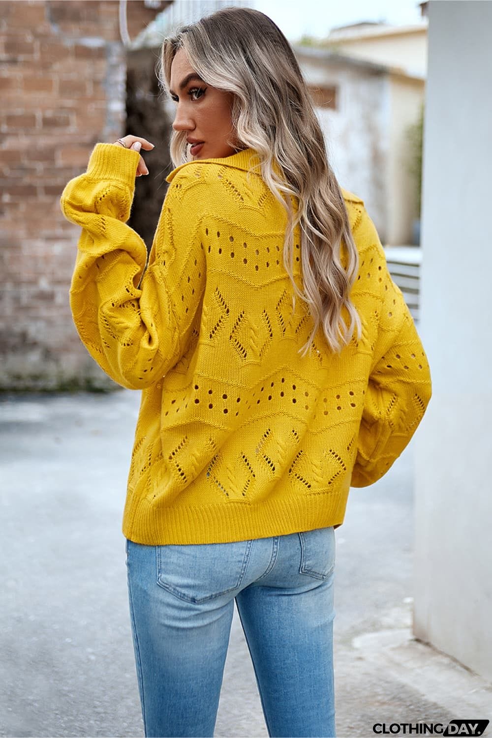 Openwork Long Sleeve Notched Neck Sweater