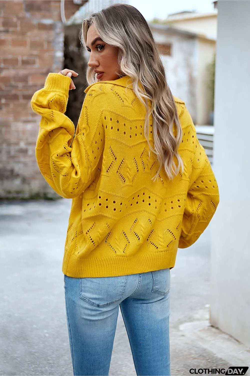 Openwork Long Sleeve Notched Neck Sweater