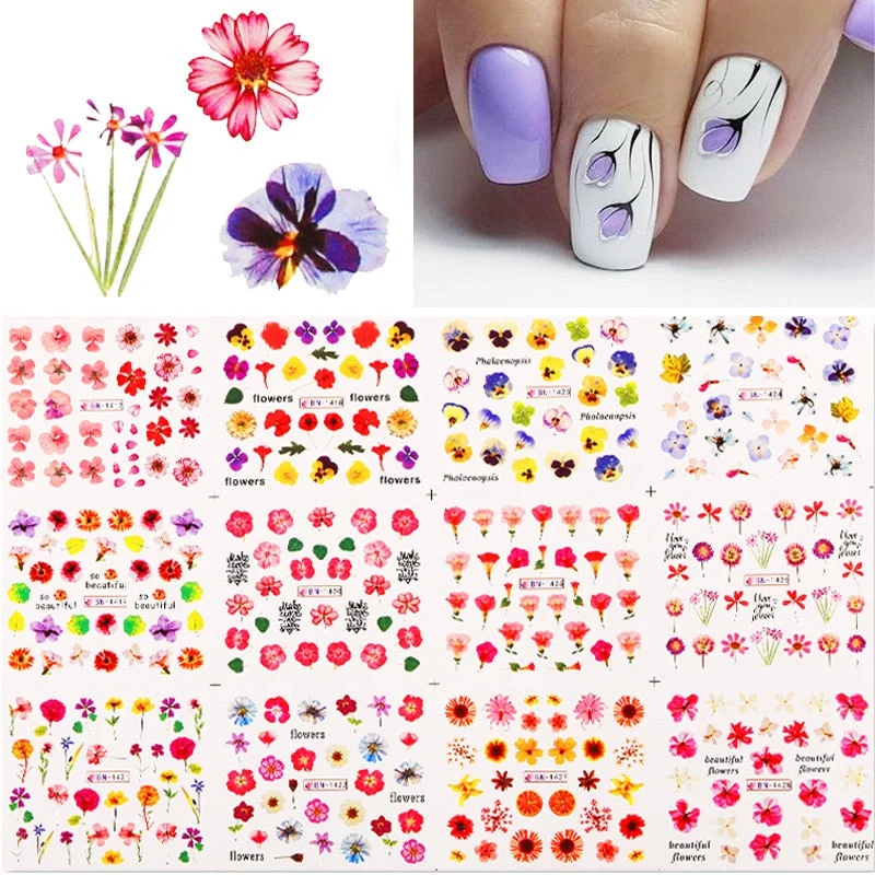 12 Designs Nail Stickers Set Mixed Floral Geometric Nail Art Water Transfer Decals Sliders Flower Leaves Manicures Decoration-Nail Inspo