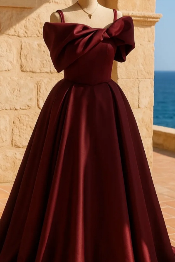 Ovlias Glamorous Byrgundy Off-Shoulders Spaghetti Strap Prom Dress JQ0084