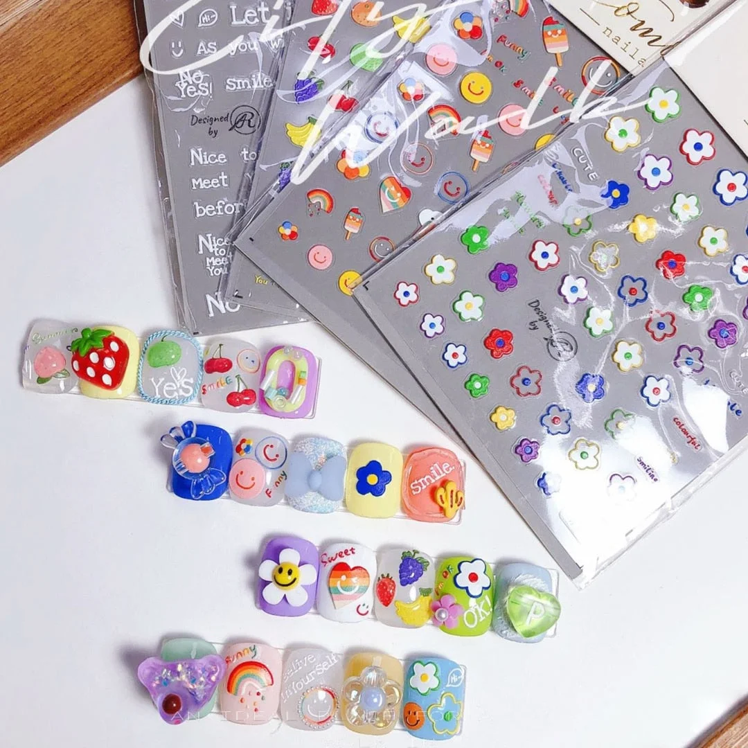 Beautizon Fruit Smile Ice Cream High Quality 5D Engraved Nail Stickers Nail Art Decorations Nail Decals Design