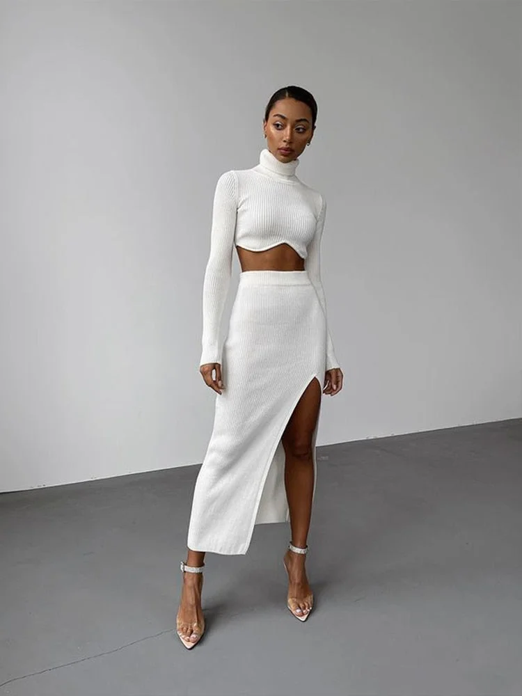 Jacuqeline 2022 Elegant Sexy Women Knitted Suit Turtleneck Sweater Top And High Waist Long Skirt Party Tracksuit Autumn Winter