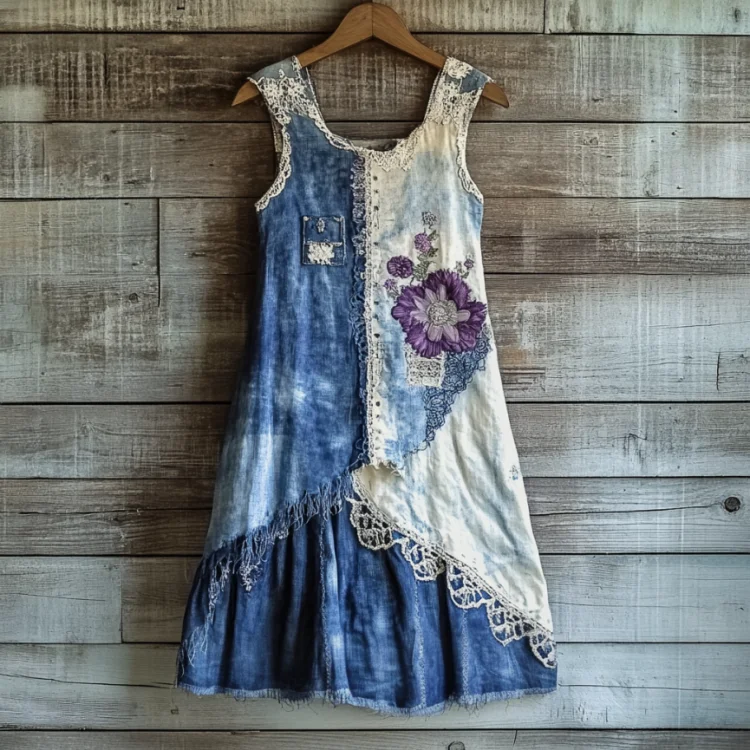 Violet Floral Lace Patchwork Vest Dress