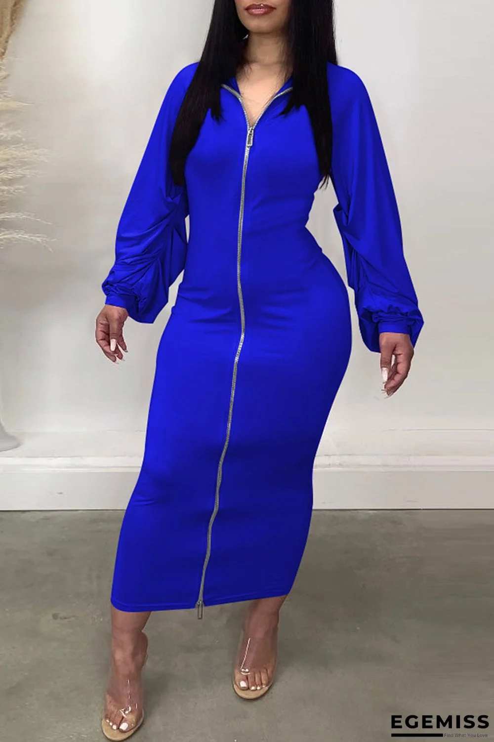 Blue Casual Solid Patchwork Fold Zipper Zipper Collar One Step Skirt Dresses | EGEMISS