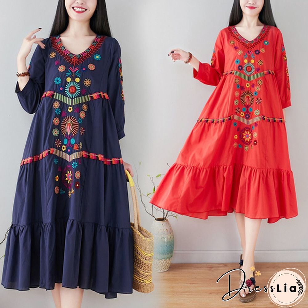 Women Dress Midi Linen Ethnic Floral Embroidery Tunic Beach Boho Holiday Hippie