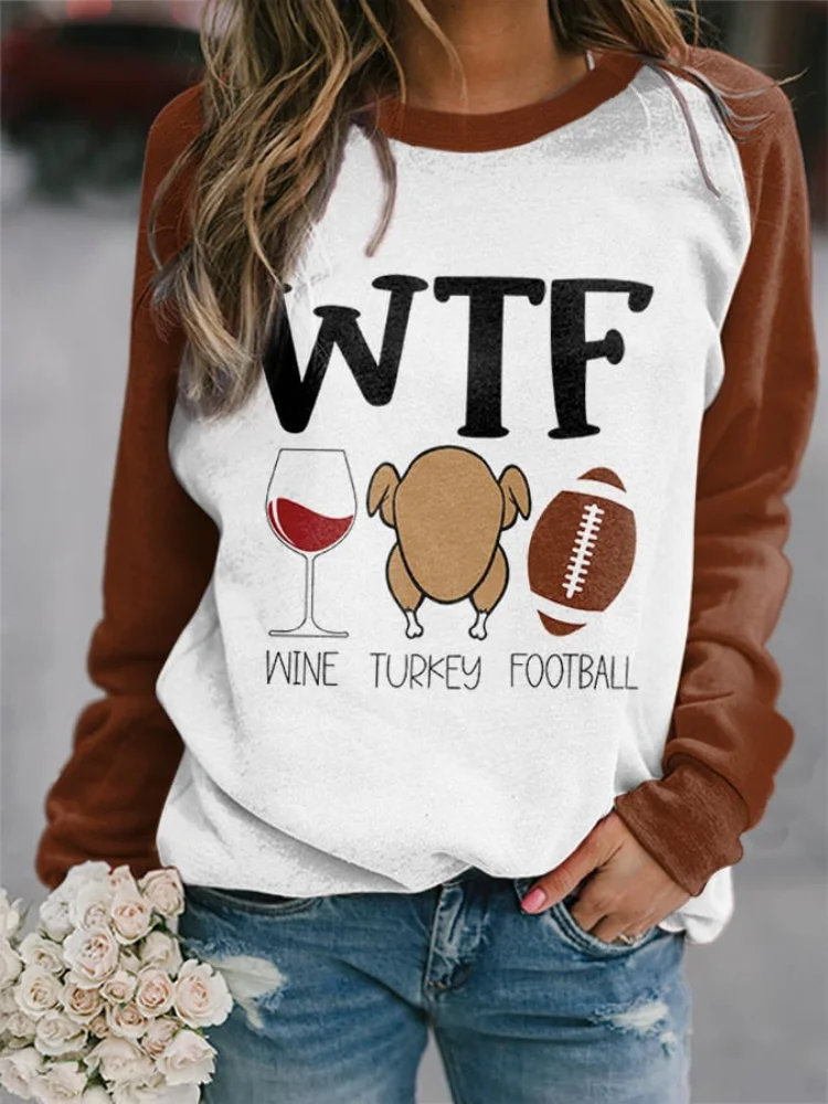 Wearshes Thanksgiving Wine Turkey Football Print Sweatshirt
