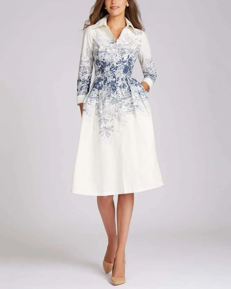 Elegant Leaf Print Shirt Dress